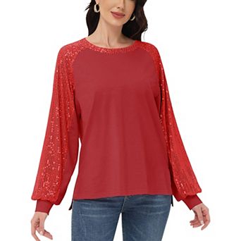 Women's Casual Sequin Ballon Long Sleeve Blouse Loose Round Neck Matching Top Party