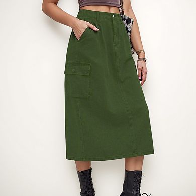 Women's Utility Midi Skirt with Side Cargo Pockets Button Waistband and Belt Loops