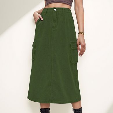 Women's Utility Midi Skirt with Side Cargo Pockets Button Waistband and Belt Loops