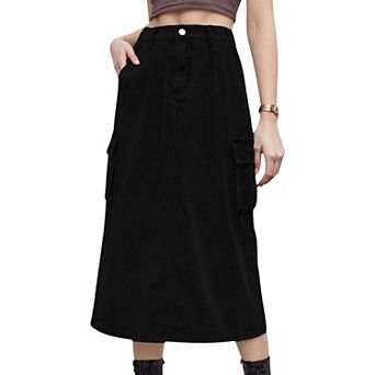 Women's Utility Midi Skirt with Side Cargo Pockets Button Waistband and Belt Loops