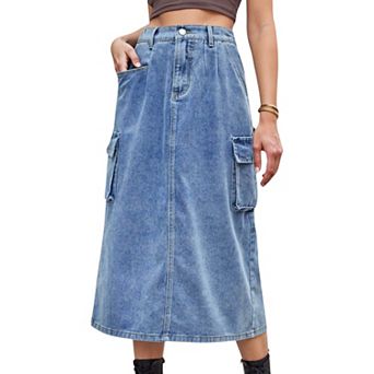 Women's Utility Midi Skirt with Side Cargo Pockets Button Waistband and Belt Loops