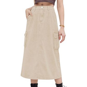Women's Utility Midi Skirt with Side Cargo Pockets Button Waistband and Belt Loops