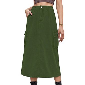 Women's Utility Midi Skirt with Side Cargo Pockets Button Waistband and Belt Loops