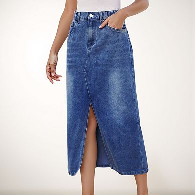 Women's High Waist Denim Midi Skirt with Front Slit Detail and Faded Wash Finish