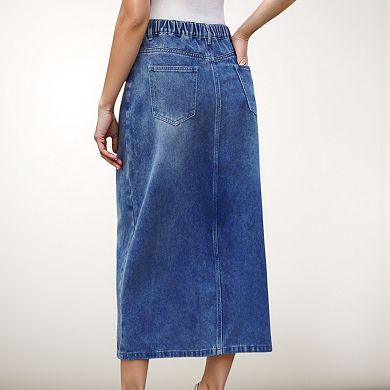 Women's High Waist Denim Midi Skirt with Front Slit Detail and Faded Wash Finish