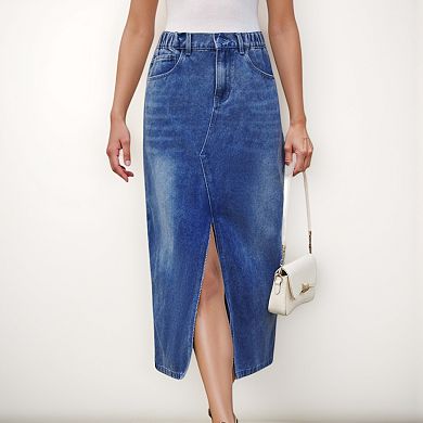 Women's High Waist Denim Midi Skirt with Front Slit Detail and Faded Wash Finish