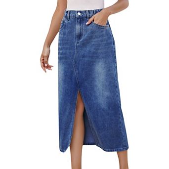 Women's High Waist Denim Midi Skirt with Front Slit Detail and Faded Wash Finish