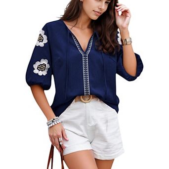 Women's Embroidered Short Sleeve Blouse with Floral Motif and Split V-Neck Detail