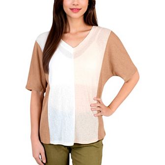Women's Color Block V-Neck Oversized T-Shirt with Drop Shoulders