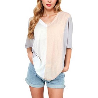 Women's Color Block V-Neck Oversized T-Shirt with Drop Shoulders