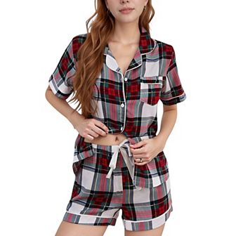 Women's Plaid Button-Down Pajama Set with Short Sleeve Top and Drawstring Shorts