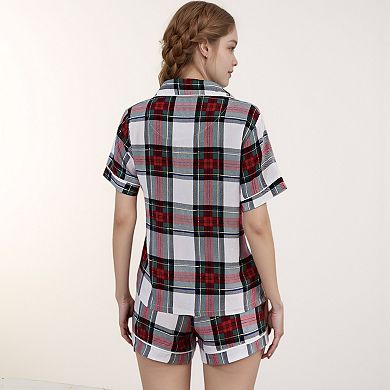 Women's Plaid Button-Down Pajama Set with Short Sleeve Top and Drawstring Shorts
