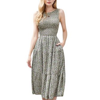 Women's Floral Print Sleeveless Midi Dress with Tiered Skirt