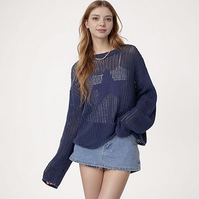 Women's Loose Knit Long Sleeve Sweater with Bold Star Design and Semi-Sheer Open Weave Texture