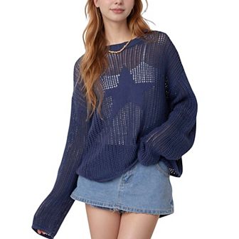 Women's Loose Knit Long Sleeve Sweater with Bold Star Design and Semi-Sheer Open Weave Texture