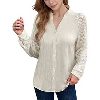 Women's Button-Down Shirt with Textured Body and Lace Sleeves