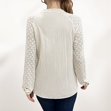 Women's Button-Down Shirt with Textured Body and Lace Sleeves
