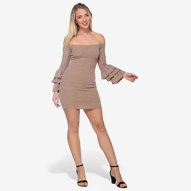 Women's Off-Shoulder Bodycon Dress with Tiered Ruffle Long Sleeves