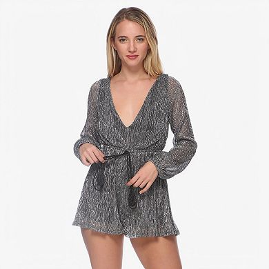 Women's Shimmer Long Sleeve Romper with Deep V-Neck and Waist Tie