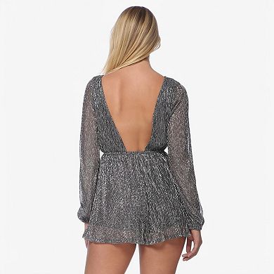 Women's Shimmer Long Sleeve Romper with Deep V-Neck and Waist Tie