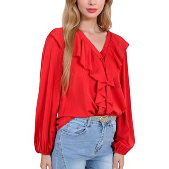 Women's V-Neck Blouse with Ruffle Front Detail and Long Puff Sleeves