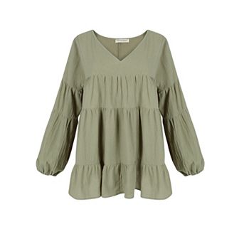 Women's Tiered Babydoll Blouse with Long Balloon Sleeves