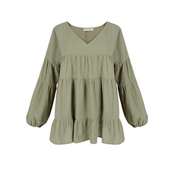 Women's Tiered Babydoll Blouse with Long Balloon Sleeves