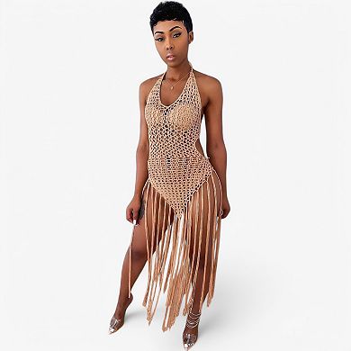 Women's Crochet Halter Cover-Up Dress with Fringe Hem