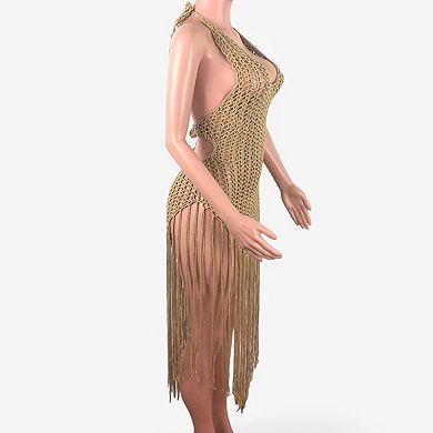 Women's Crochet Halter Cover-Up Dress with Fringe Hem