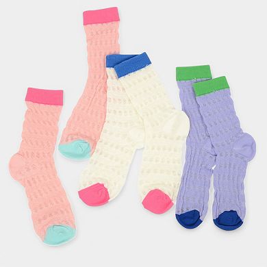 Women's Textured Knit Crew Socks with Color Block Cuffs and Toe Accents