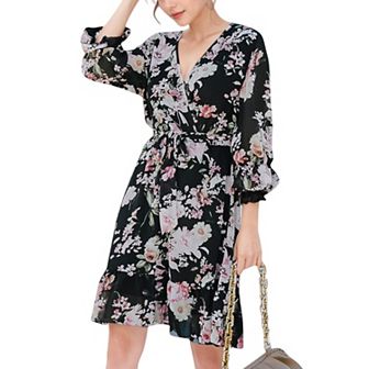 Women's Floral Print Wrap Dress with Ruffle Hem and Waist Tie