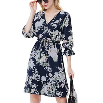 Women's Floral Print Wrap Dress with Ruffle Hem and Waist Tie