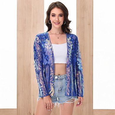 Women's Sequin Embellished Open-Front Cardigan with Sheer Mesh Long Sleeves