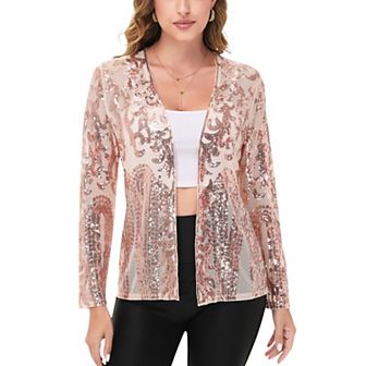 Women's Sequin Embellished Open-Front Cardigan with Sheer Mesh Long Sleeves