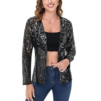 Women's Sequin Embellished Open-Front Cardigan with Sheer Mesh Long Sleeves