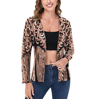 Women's Sequin Embellished Open-Front Cardigan with Sheer Mesh Long Sleeves