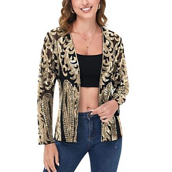 Women's Sequin Embellished Open-Front Cardigan with Sheer Mesh Long Sleeves