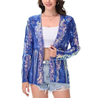 Women's Sequin Embellished Open-Front Cardigan with Sheer Mesh Long Sleeves