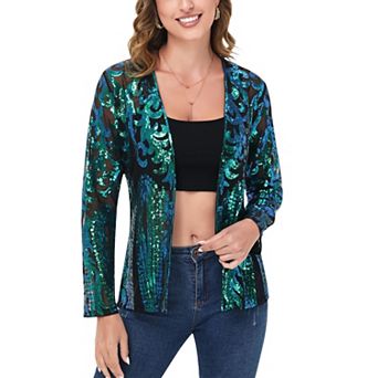 Women's Sequin Embellished Open-Front Cardigan with Sheer Mesh Long Sleeves