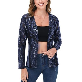 Women's Sequin Embellished Open-Front Cardigan with Sheer Mesh Long Sleeves