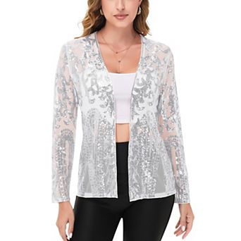Women's Sequin Embellished Open-Front Cardigan with Sheer Mesh Long Sleeves