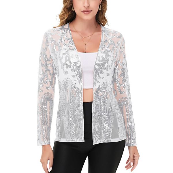 Women's Sequin Embellished Open-Front Cardigan with Sheer Mesh