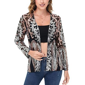 Women's Sequin Embellished Open-Front Cardigan with Sheer Mesh Long Sleeves