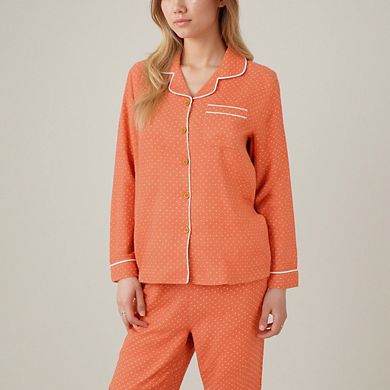 Women's Polka Dot Pajama Set with Button-Up Top Contrast Piping and Relaxed Fit Matching Pants
