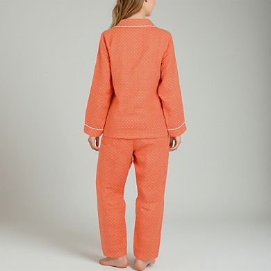 Women's Polka Dot Pajama Set with Button-Up Top Contrast Piping and Relaxed Fit Matching Pants