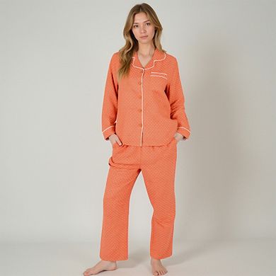 Women's Polka Dot Pajama Set with Button-Up Top Contrast Piping and Relaxed Fit Matching Pants
