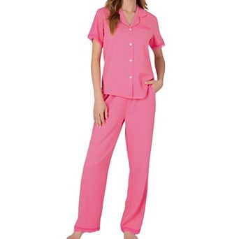 Women's Pajama Set with Button-Up Top Lace Trim Sleeves Chest Pocket and Relaxed Fit Lounge Pants