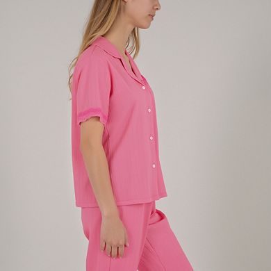 Women's Pajama Set with Button-Up Top Lace Trim Sleeves Chest Pocket and Relaxed Fit Lounge Pants