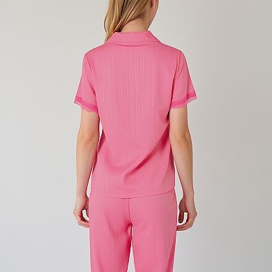 Women's Pajama Set with Button-Up Top Lace Trim Sleeves Chest Pocket and Relaxed Fit Lounge Pants