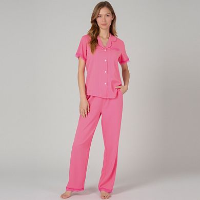 Women's Pajama Set with Button-Up Top Lace Trim Sleeves Chest Pocket and Relaxed Fit Lounge Pants